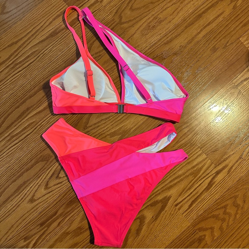 NWOT Neon Pink Orange Split One Shoulder Bikini Set size L - Picture 4 of 9